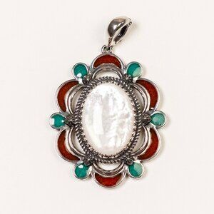 Carolyn Pollack Sterling Silver Enhancer w/ Mother of Pearl, Turquoise, Red Cora